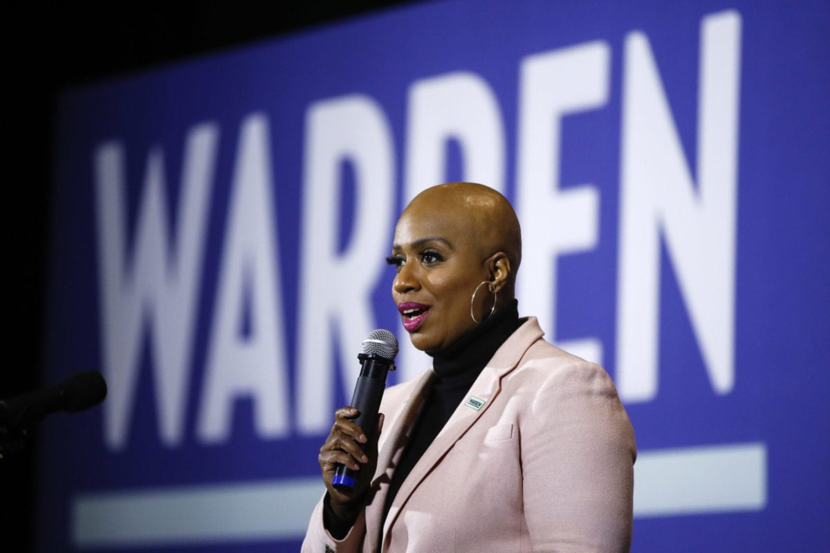 Rep. Ayanna Pressley speaks as a surrogate of Democratic presidential candidate Sen. Elizabeth Warren during a campaign event on Jan. 31, 2020, in Ames, Iowa.