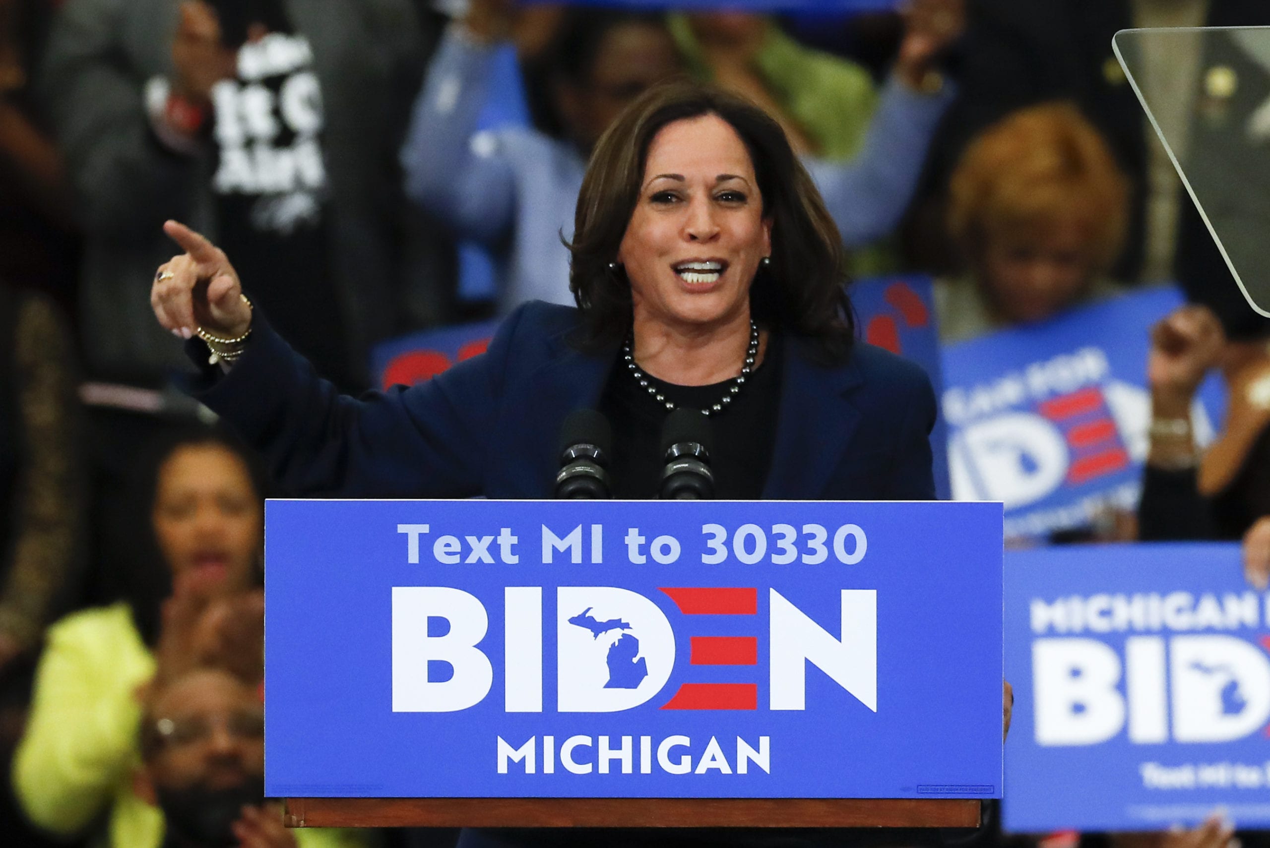 Sen. Kamala Harris, D-Calif., speaks at a campaign rally for Democratic presidential candidate former Vice President Joe Biden at Renaissance High School in Detroit, Monday, March 9, 2020.