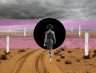 A woman walking into a black hole in a desert.
