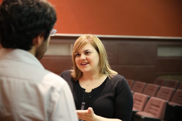 Abby Johnson talking to a student.