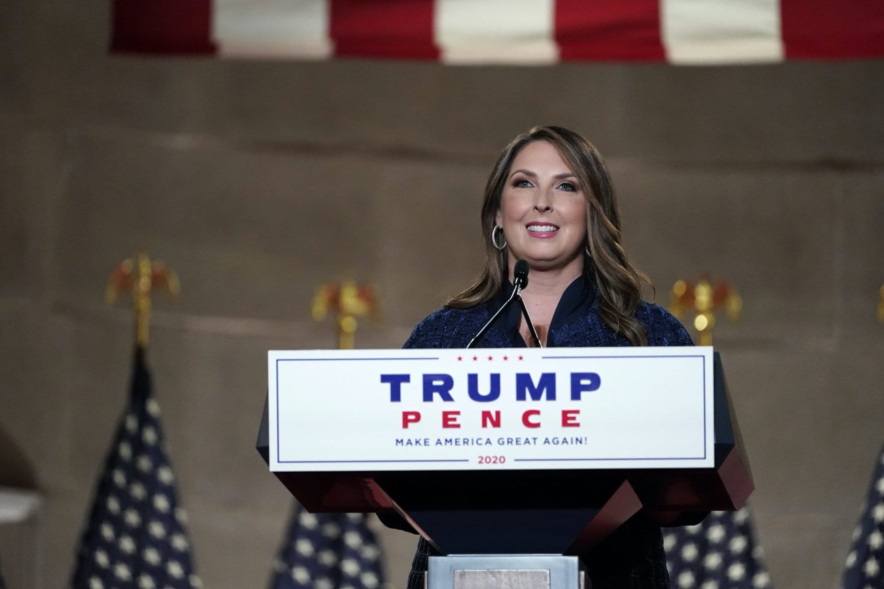 Ronna McDaniel standing at the podium at the Republican National Convention.