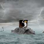 A composite illustration of a woman trapped in a box with stormy seas surrounding her.