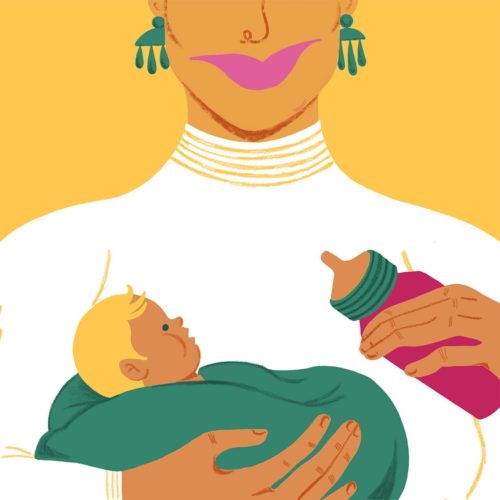 Illustration of a woman feeding a baby a bottle