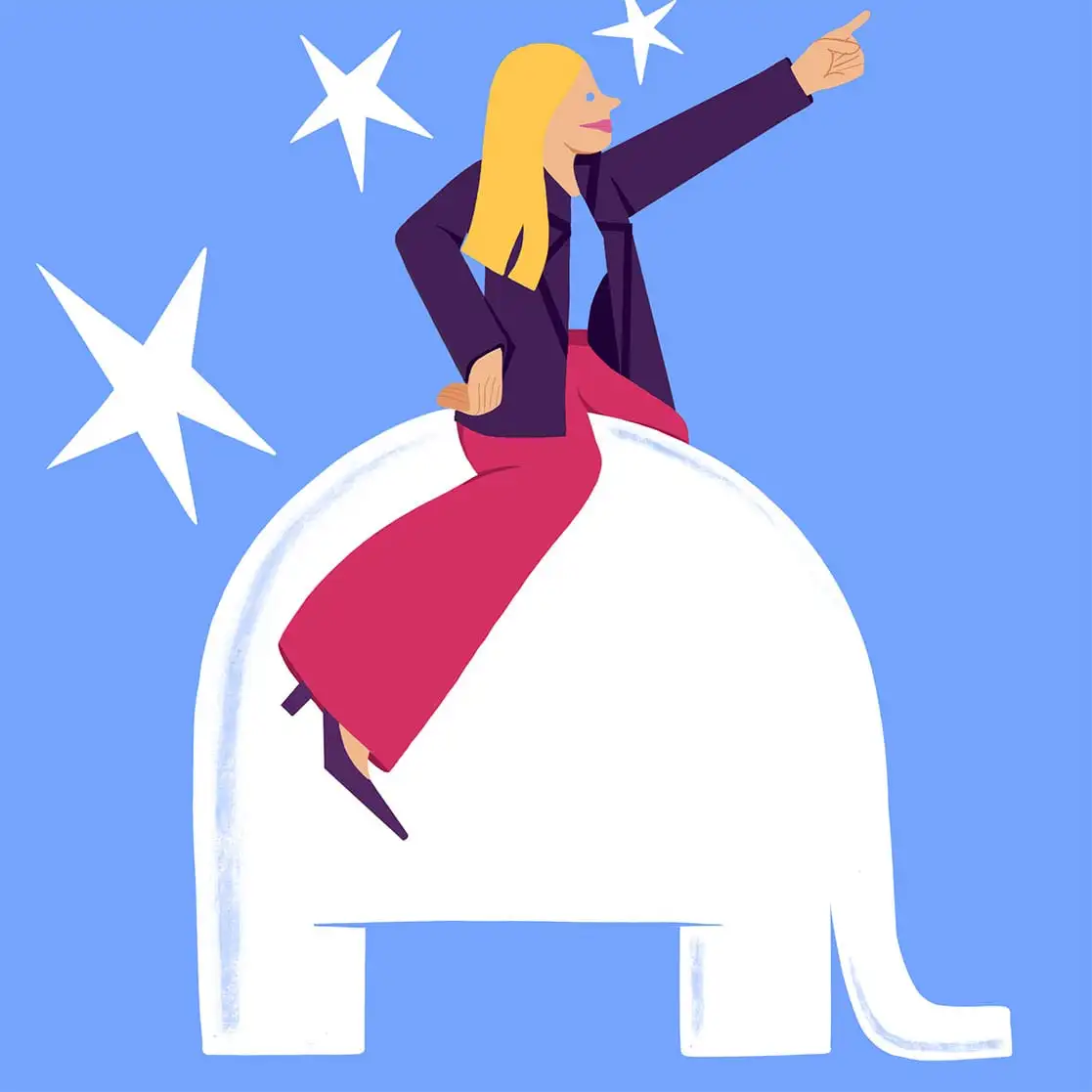 Illustration of a woman riding an elephant