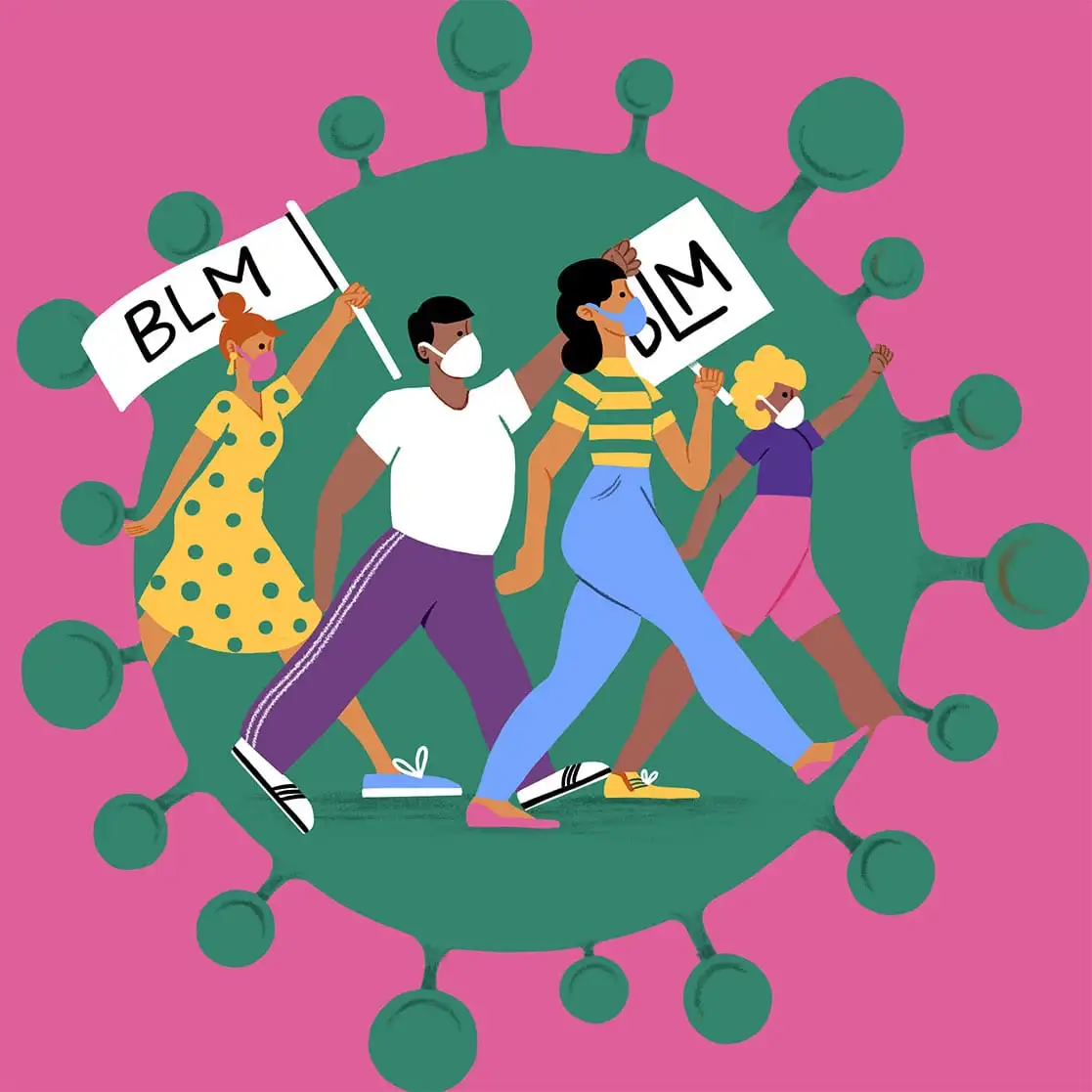 Illustration of four people marching for Black Lives Matter with coronavirus as the backdrop