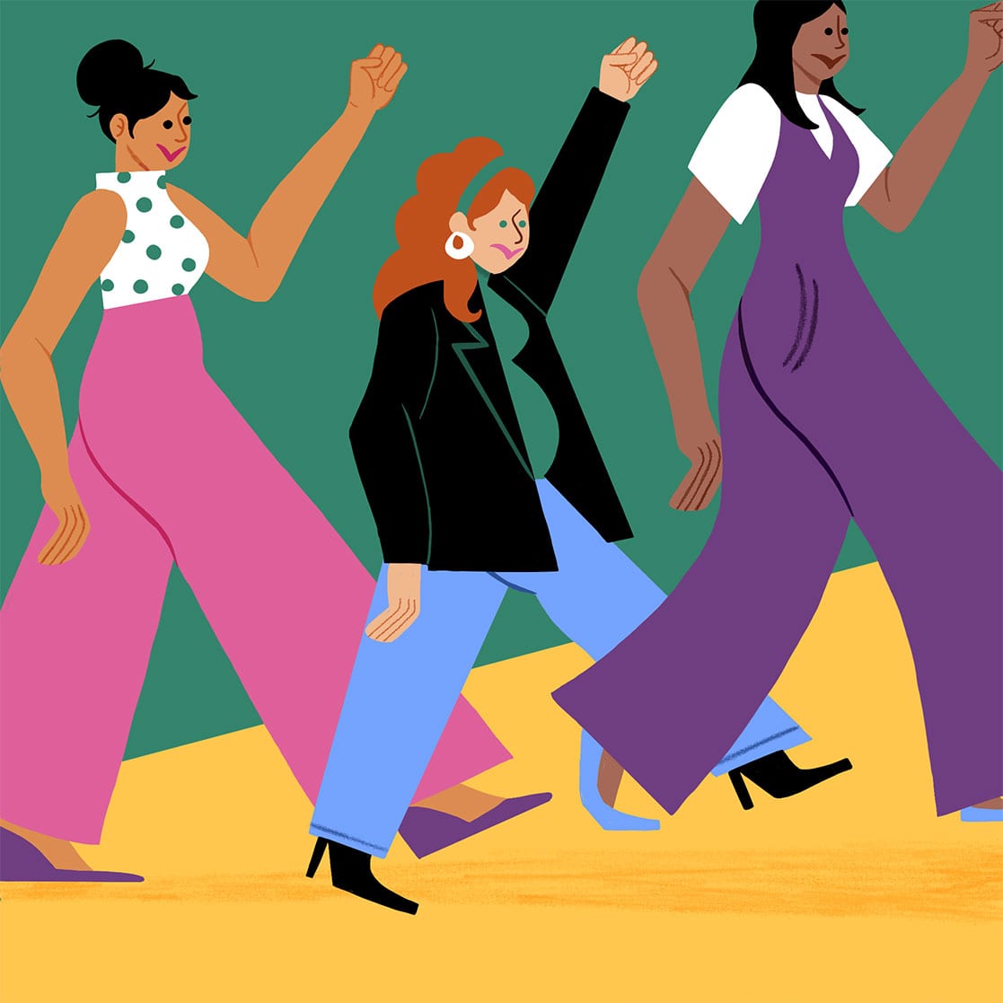 Illustration of three women marching
