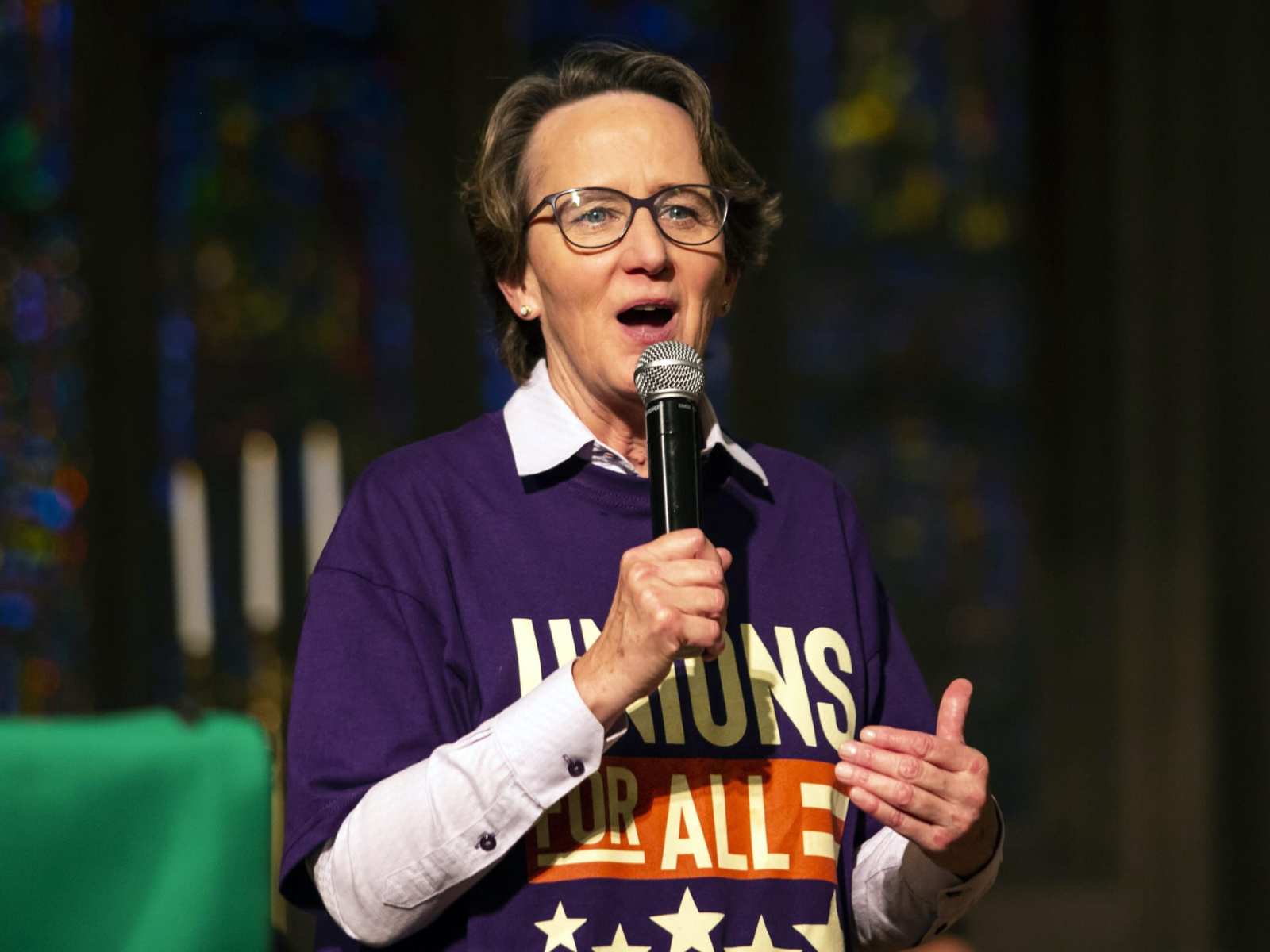 Mary Kay Henry, international president of the Service Employees International Union, speaks in support of the Chicago Teachers Union and SEIU Local 73 during a rally at First United Methodist Church at the Chicago Temple, three days before the unions could walk off the job on strike, Monday afternoon, Oct. 14, 2019.
