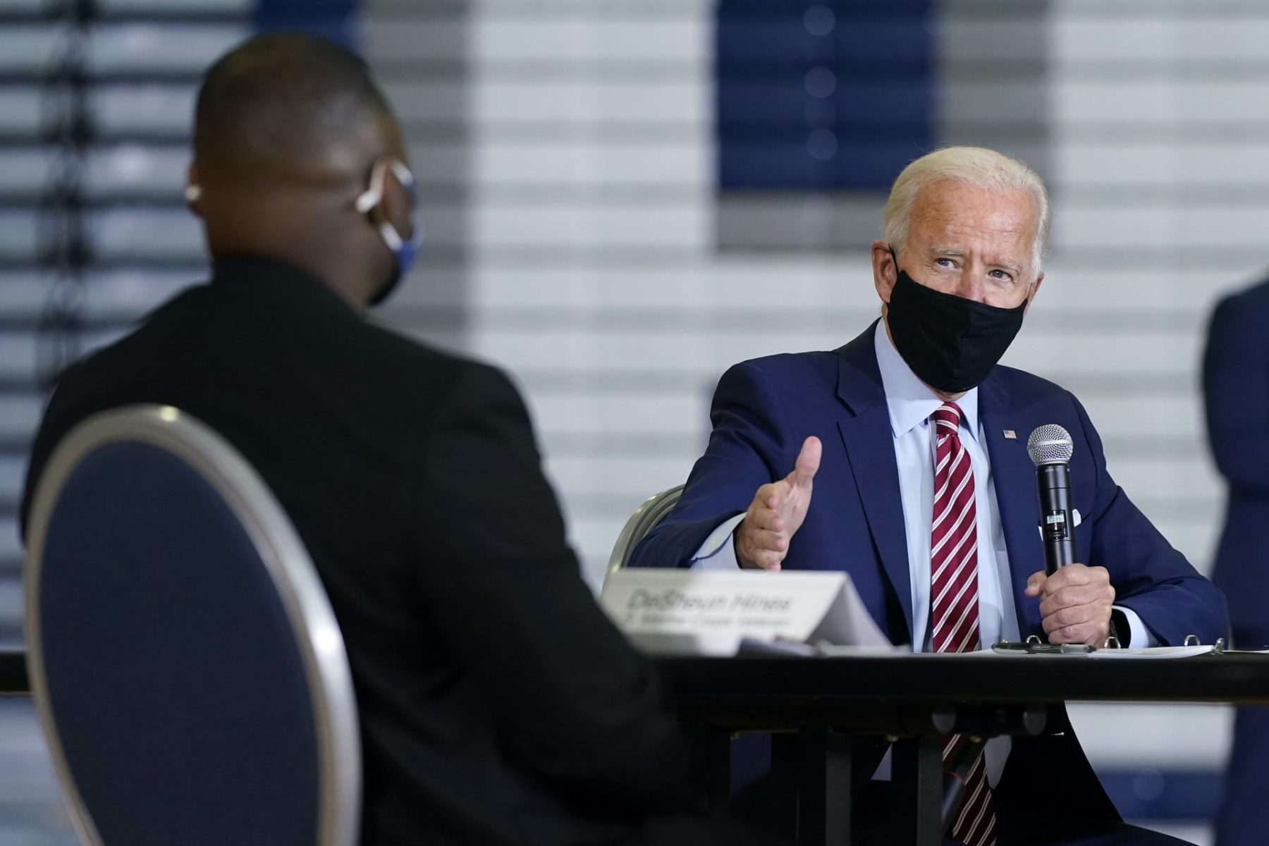 Democratic presidential candidate former Vice President Joe Biden speaks during a roundtable discussion with veterans, Tuesday, Sept. 15, 2020, at Hillsborough Community College in Tampa, Fla.