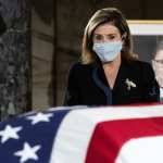 House Speaker Nancy Pelosi pays her respects to Justice Ruth Bader Ginsburg as she lies in state in the U.S. Capitol on Friday, Sept. 25, 2020. Ginsburg died at the age of 87 on Sept. 18 and is the first women to lie in state at the Capitol.