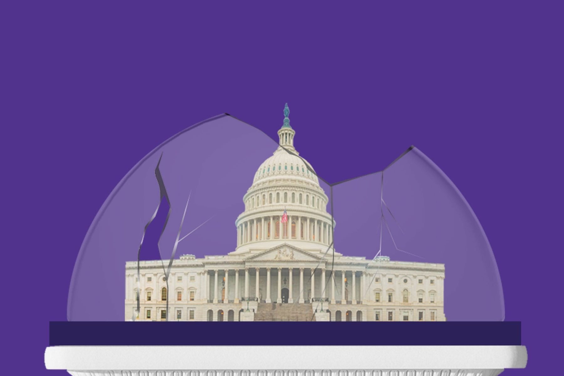 An photo illustration of the U.S. Capitol building in a shattered dome resembling a snow globe.