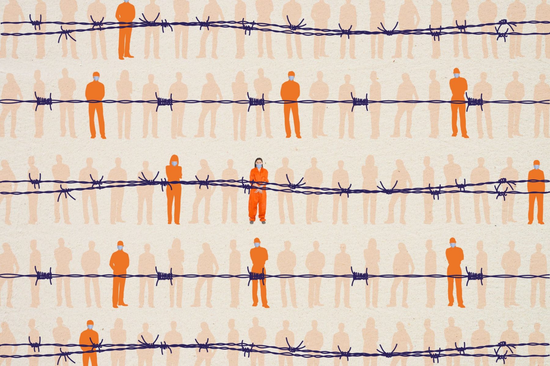 A photo illustration of incarcerated people standing, one with a mask on.