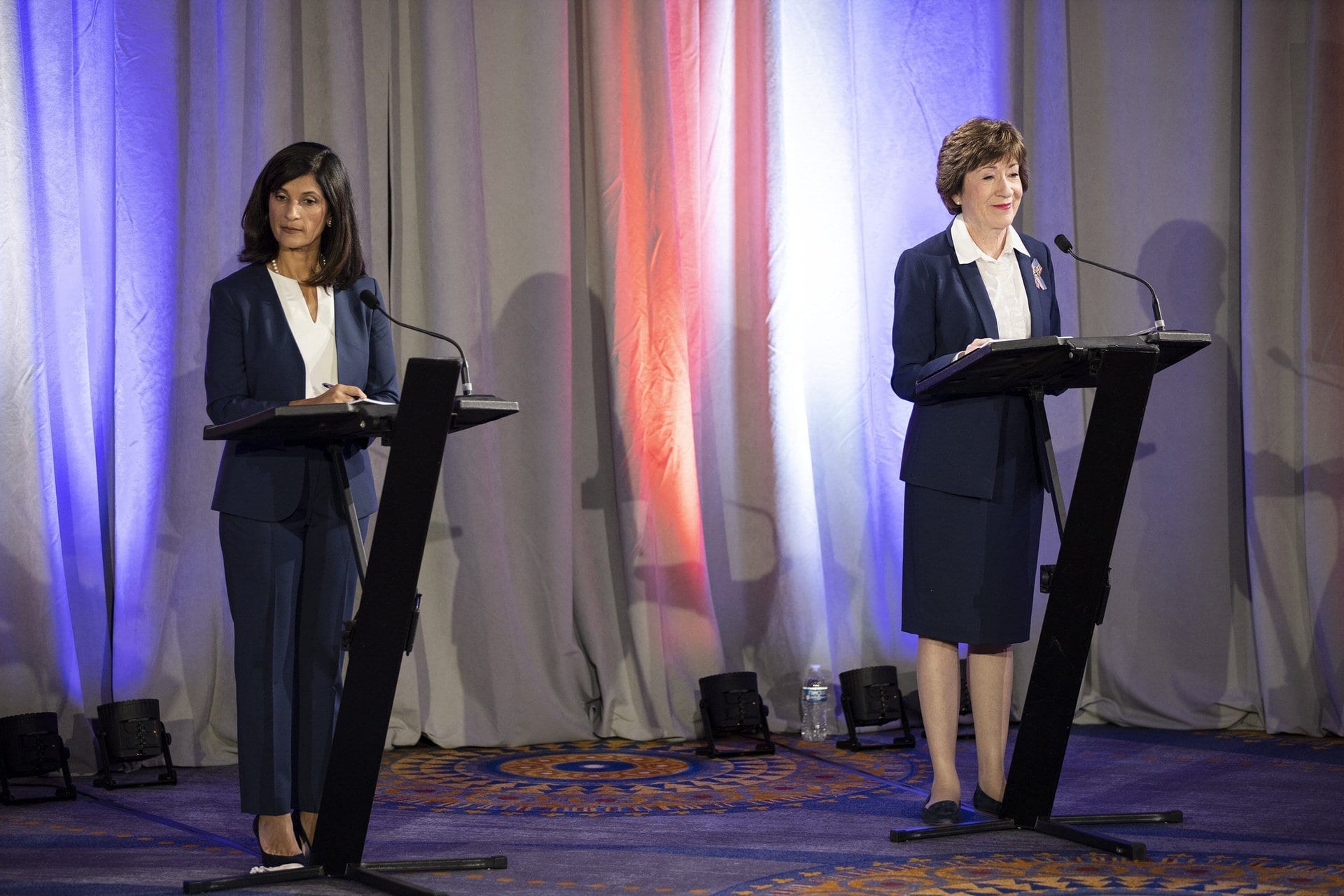 Maine House Speaker Sara Gideon and incumbent Sen. Susan Collins participate in the debate at the Holiday Inn By The Bay alongside fellow candidates Lisa Savage and Max Linn on Friday, September 11, 2020.