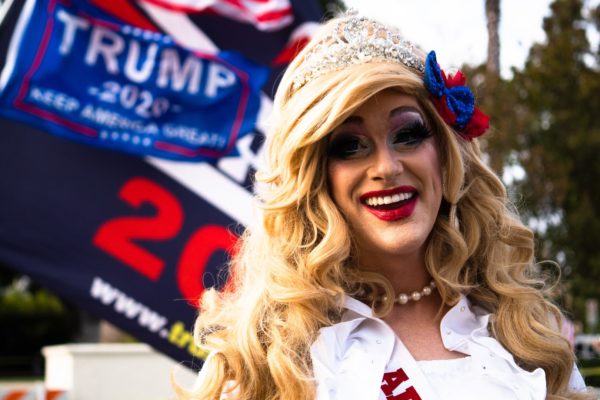 Lady Maga USA, a drag queen, at a rally in West Hollywood.
