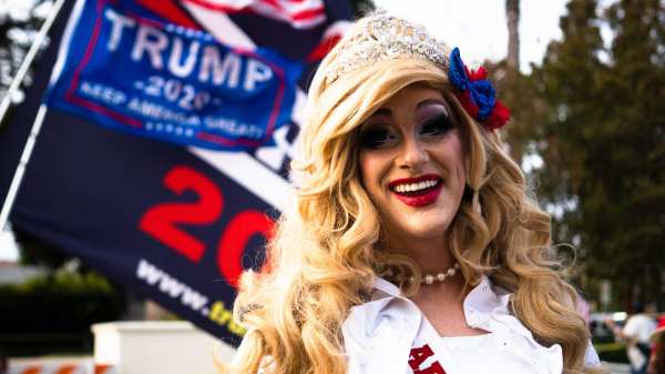 Lady Maga USA, a drag queen, at a rally in West Hollywood.