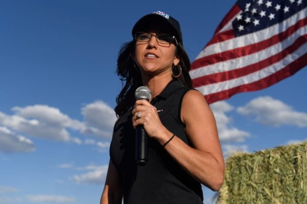Lauren Boebert, the Republican candidate for the US House of Representatives seat in Colorado's 3rd Congressional District, addresses supporters during a campaign rally in Colona, Colorado on October 10, 2020. - Boebert's meteoric rise into politics began in September 2019 when she confronted US Democratic presidential candidate Beto ORourke at a campaign rally and stated 