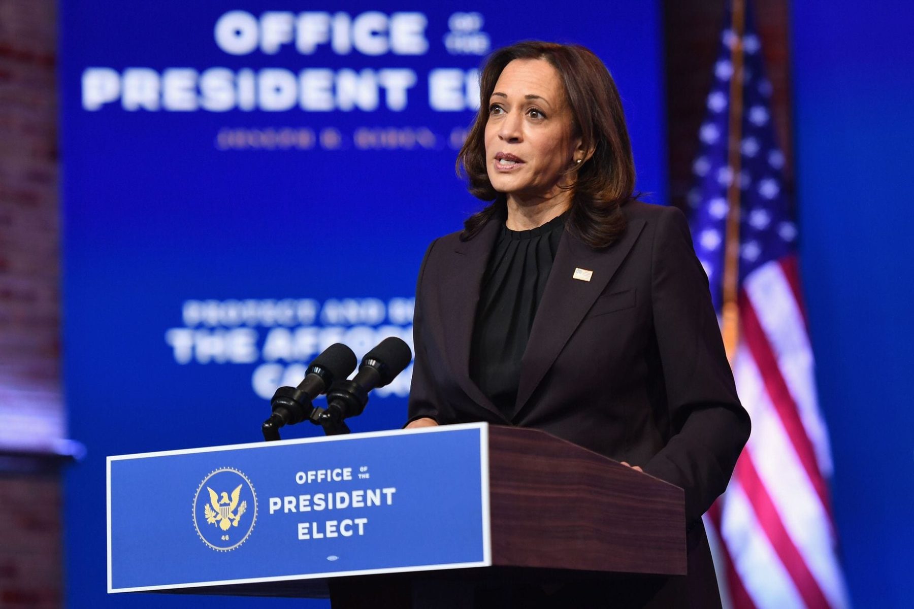 US Vice President-elect Kamala Harris delivers remarks at The Queen in Wilmington, Delaware, on November 10, 2020.