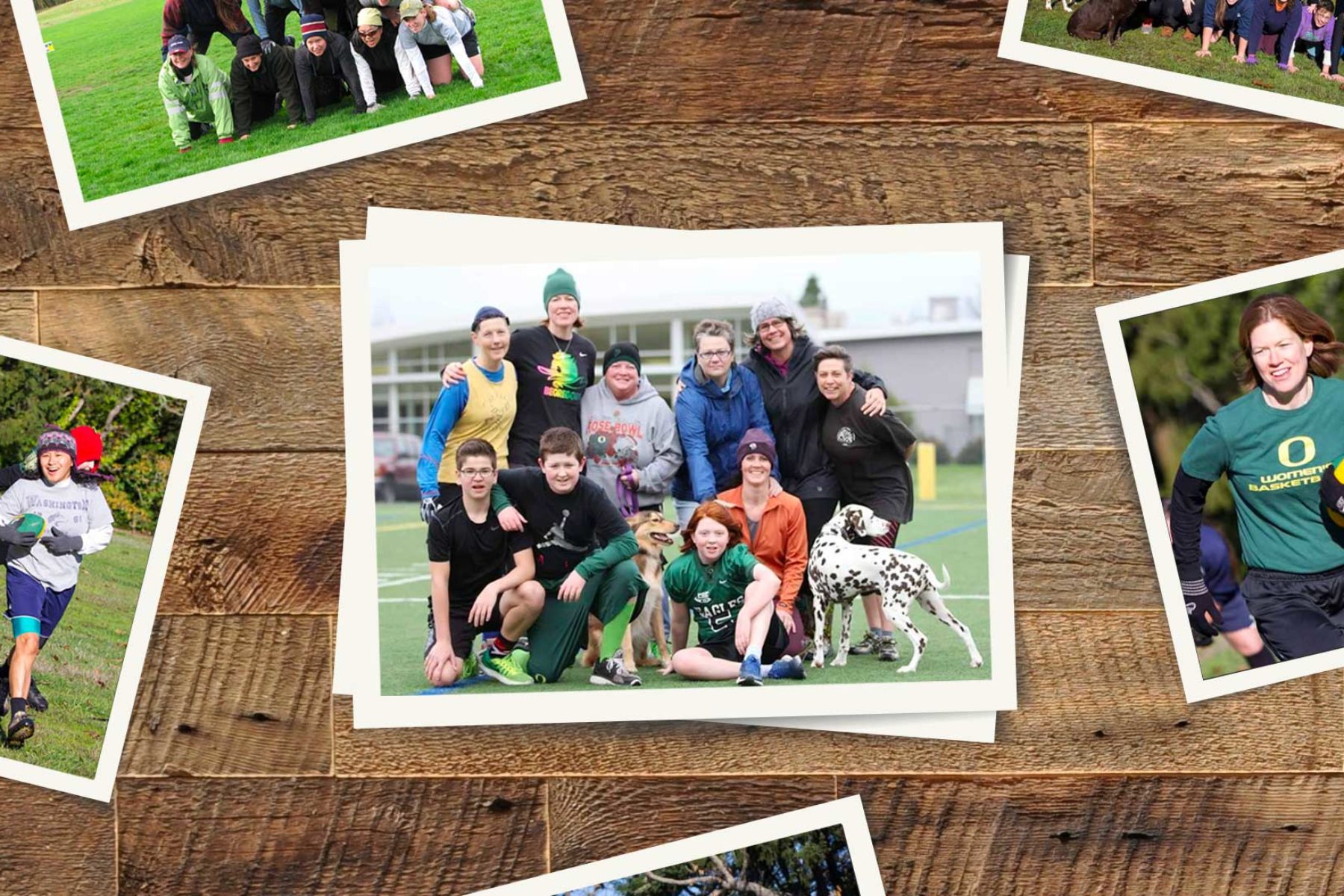 A photo composite of a group playing football.