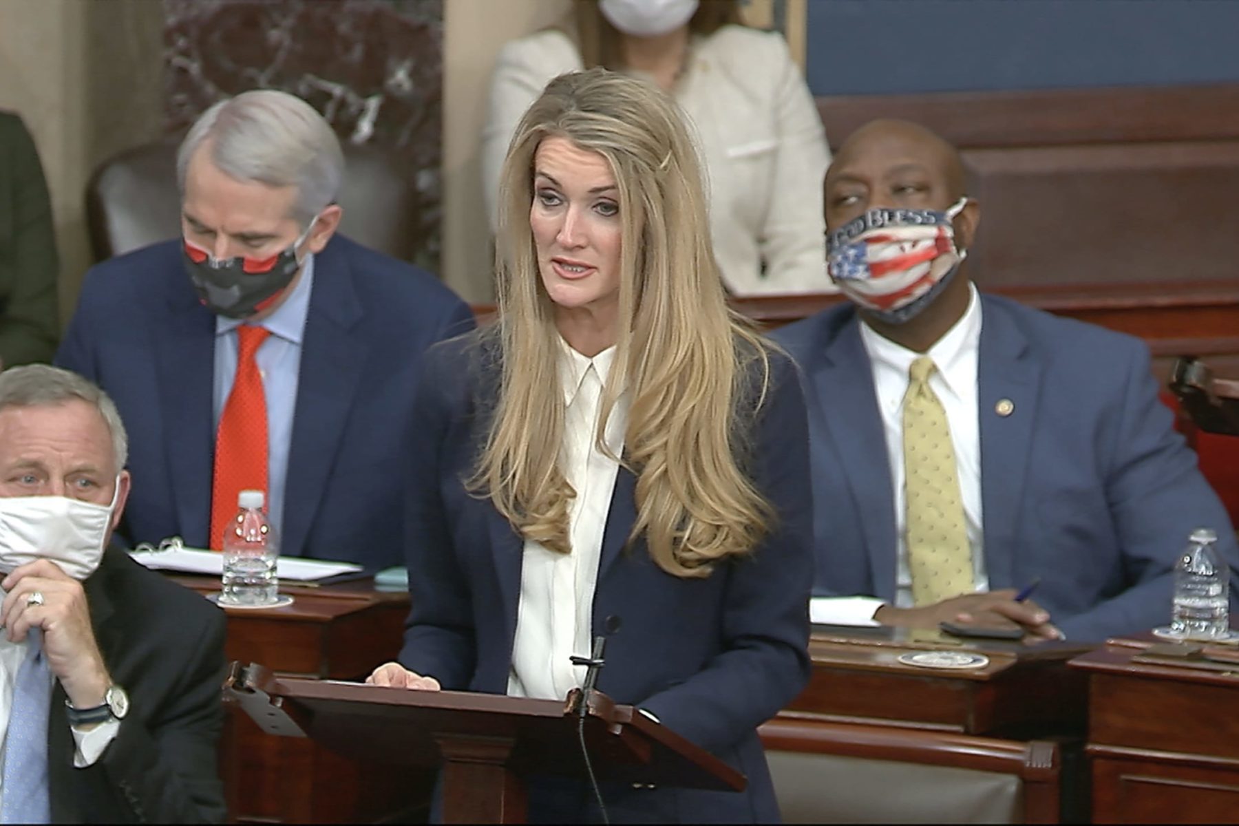 Sen. Kelly Loeffler speaks as the Senate reconvenes after protesters stormed into the U.S. Capitol on January 6, 2021.