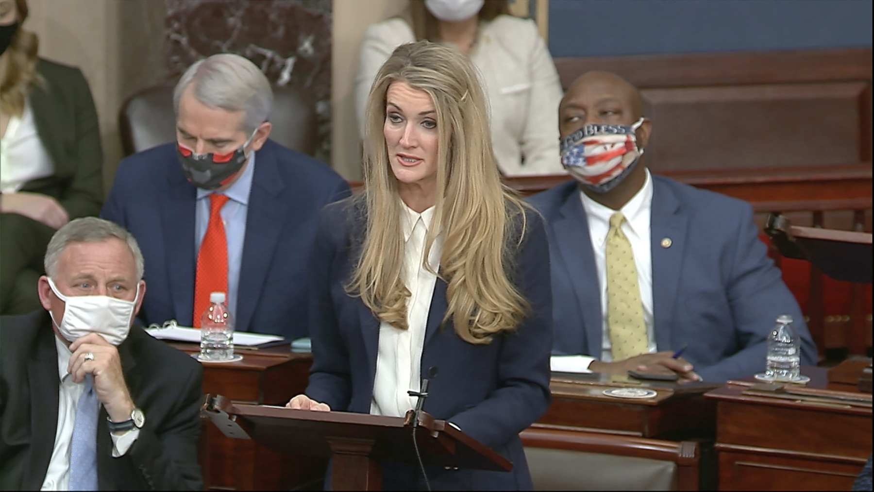 Sen. Kelly Loeffler speaks as the Senate reconvenes after protesters stormed into the U.S. Capitol on January 6, 2021.