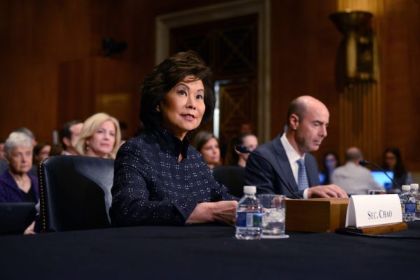 U.S. Secretary of Transportation Elaine Chao sitting at a table for a hearing.