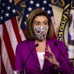 House Speaker Nancy Pelosi Holds Weekly News Conference with mask on.