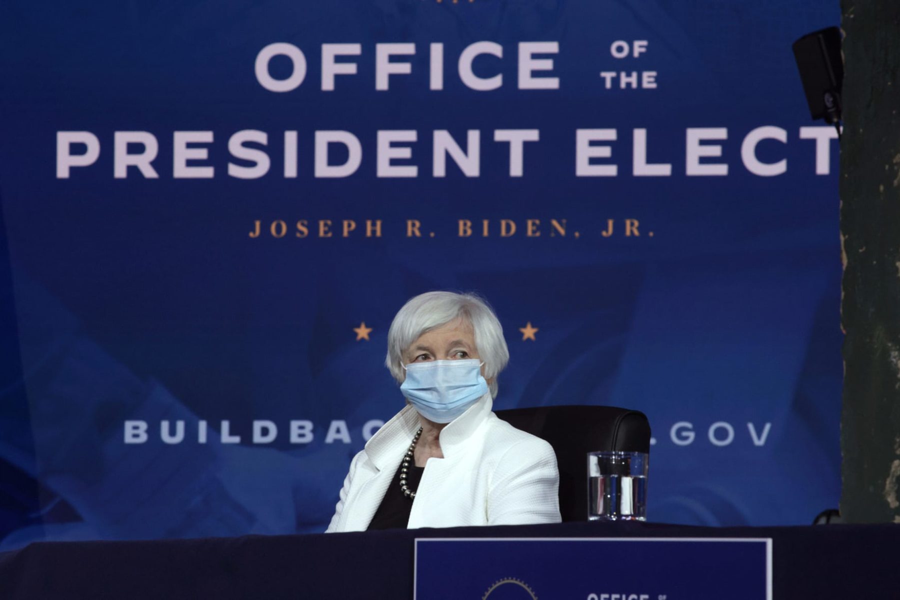 Janet Yellen looks on during an event to name President-elect Joe Biden’s economic team.