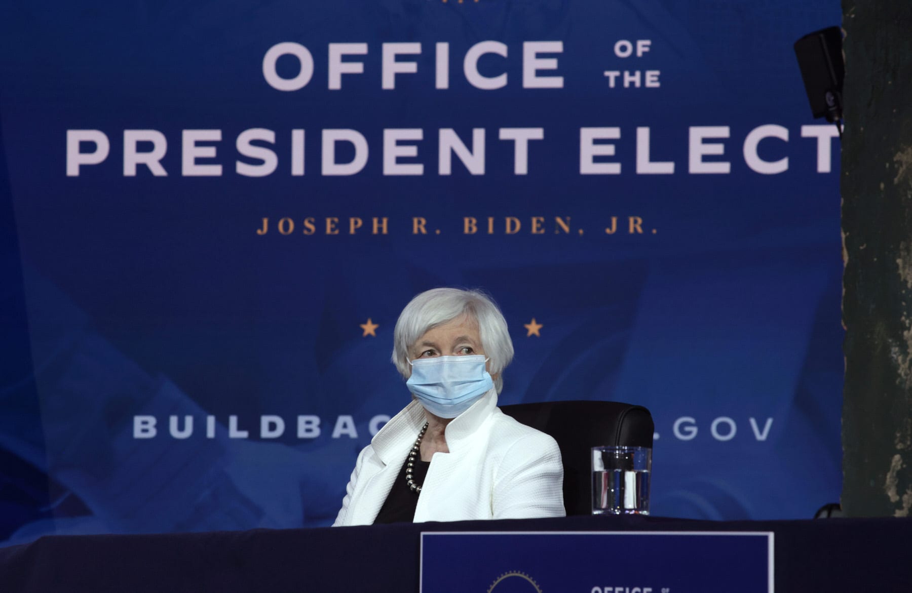 Janet Yellen looks on during an event to name President-elect Joe Biden’s economic team.