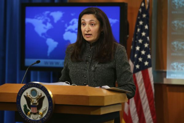 Acting Assistant U.S. Secretary of State for Bureau of Democracy, Human Rights and Labor Uzra Zeya speaks at a podium.