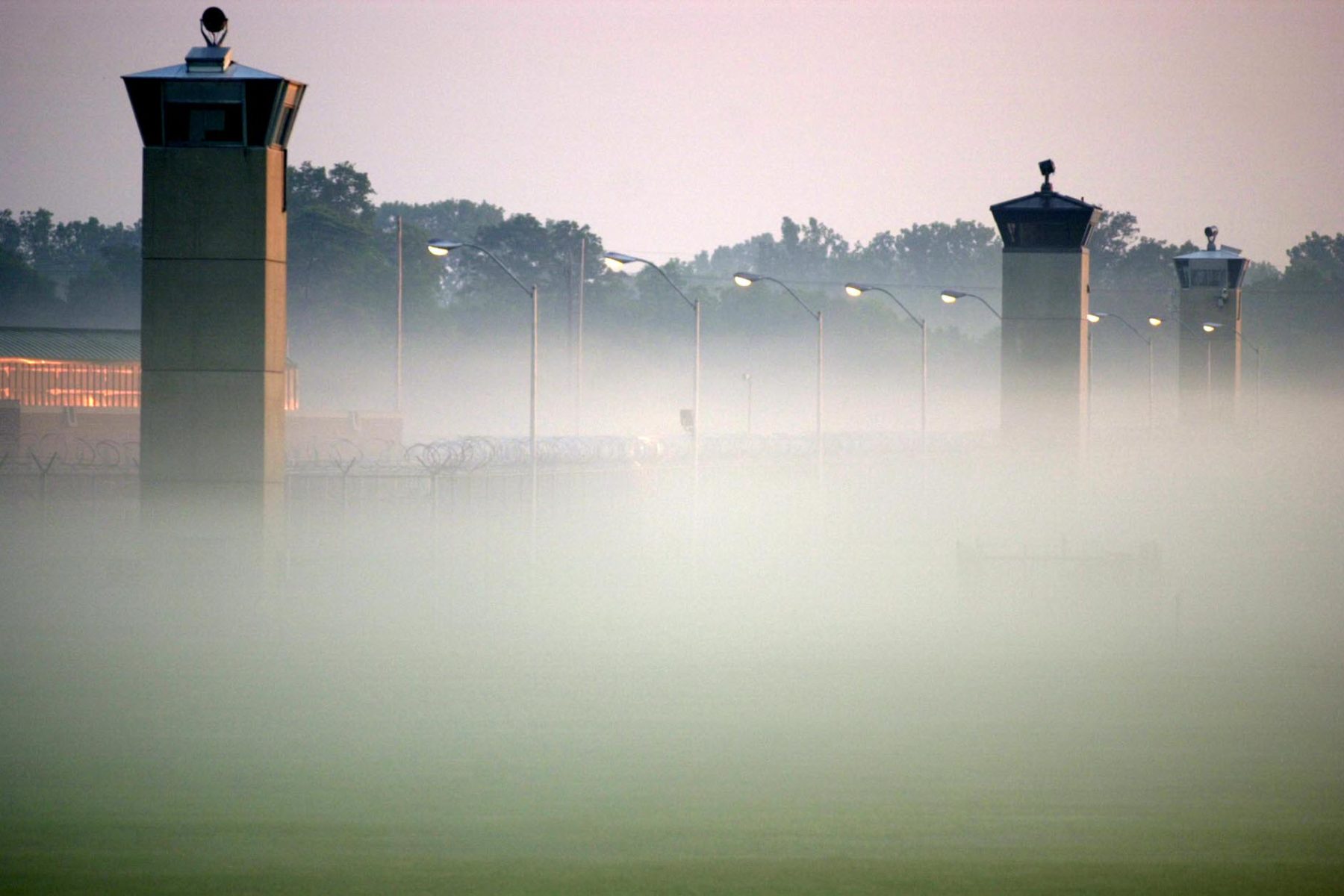 Guard towers surrounding the Federal Prison in Terre Haute, Indiana.