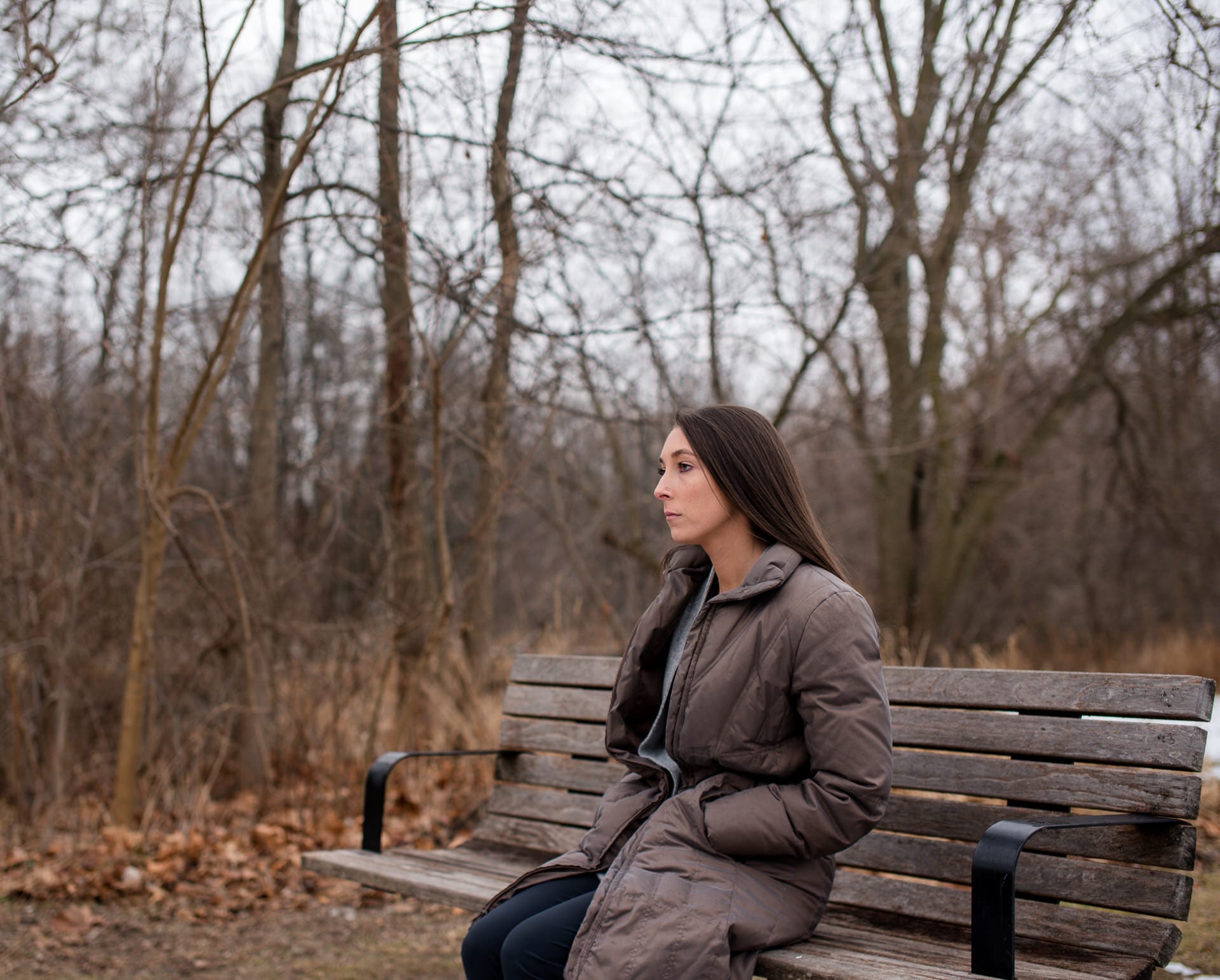 Shelby Gird, Rosemarie’s best friend in nursing school, photographed on a park bench.