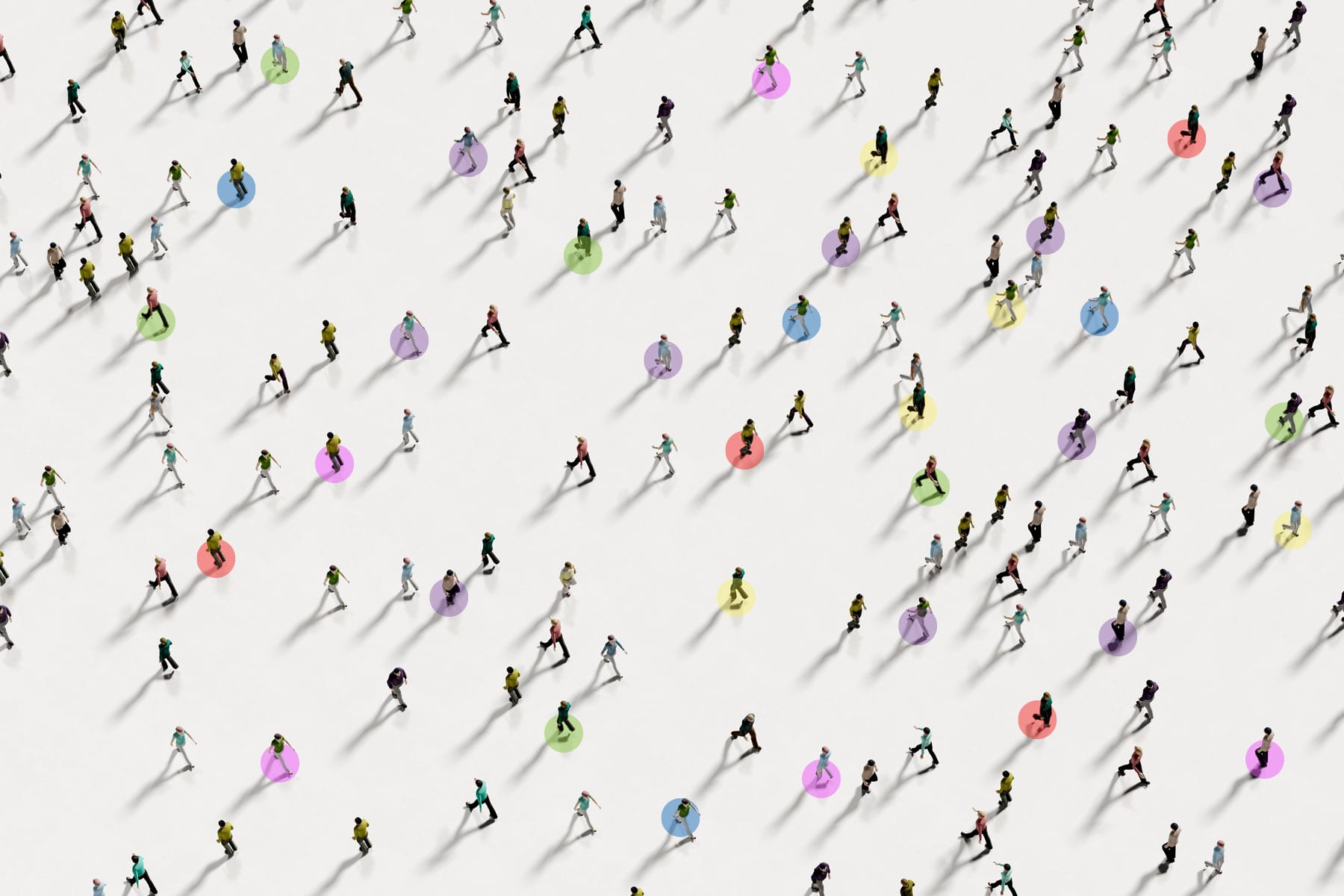 An illustration of people walking with colored dots on them.