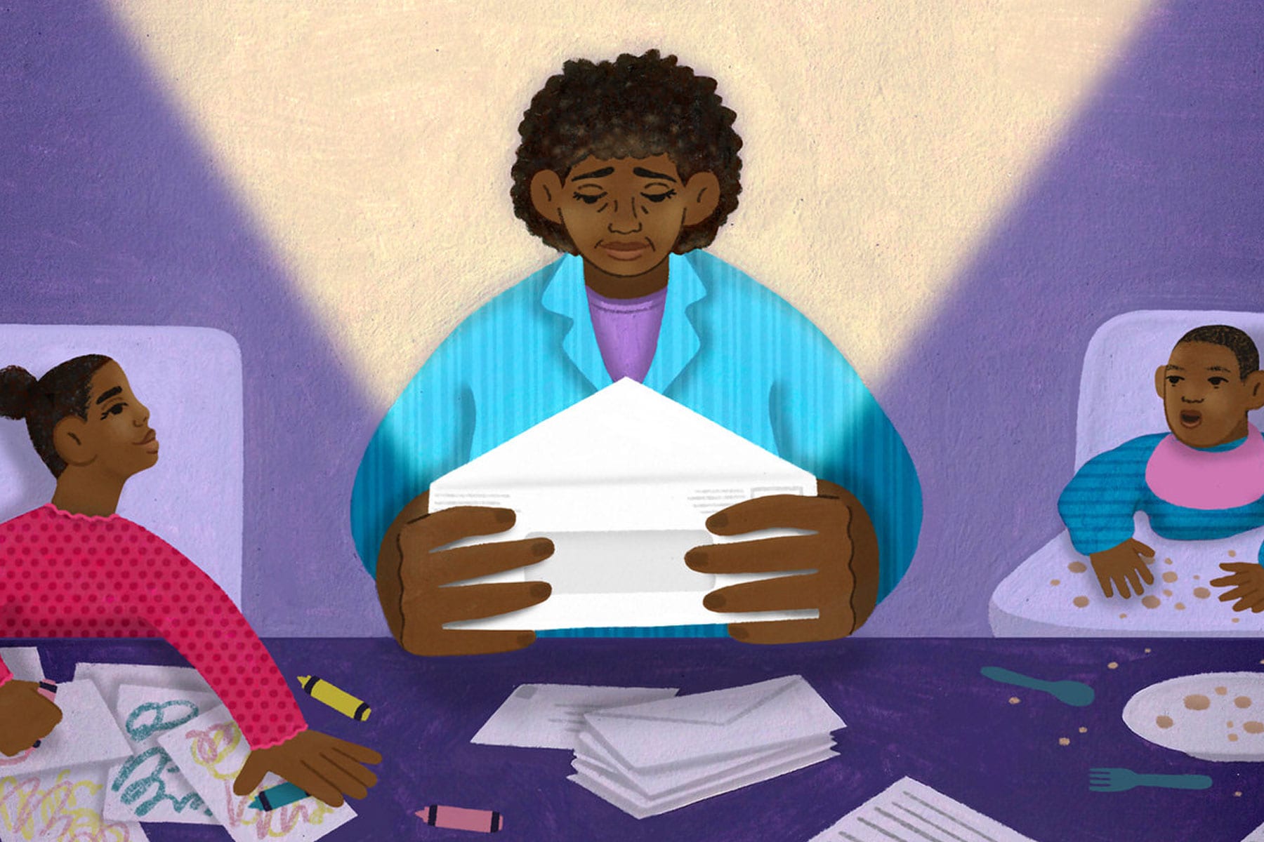 An illustration of a mother opening an envelope with her two kids at a kitchen table.