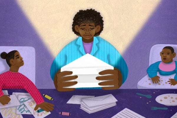 An illustration of a mother opening an envelope with her two kids at a kitchen table.