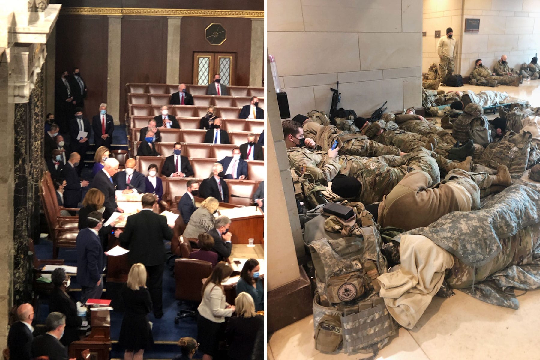 A composite photo of the members in the house and the national guard resting the Capitol halls).