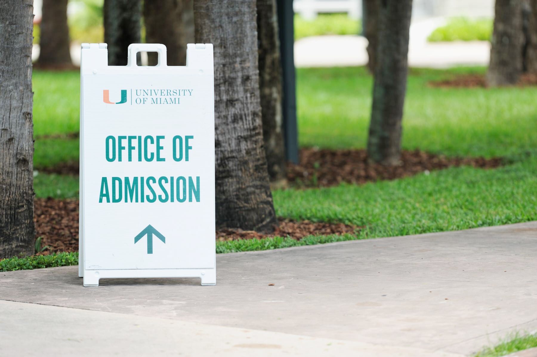 A sidewalk sign for the University of Miami Office of Admissions.