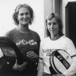 A vintage image of Renee Richards and Martina Navratilova holding tennis rackets.