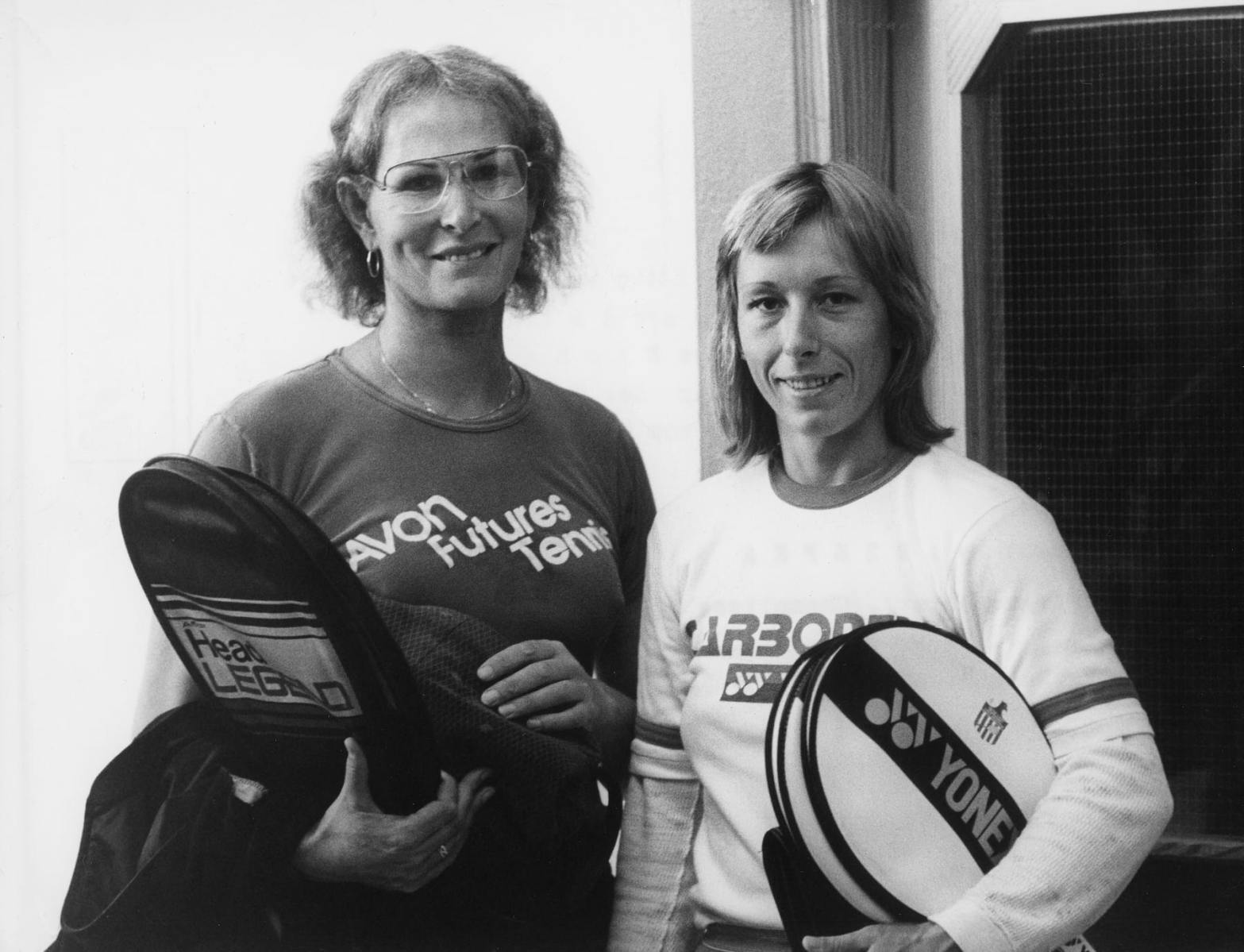 A vintage image of Renee Richards and Martina Navratilova holding tennis rackets.