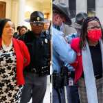 A composite image of Sen. Nikema Williams (D-Atlanta) and Georgia state Rep. Park Cannon being arrested.