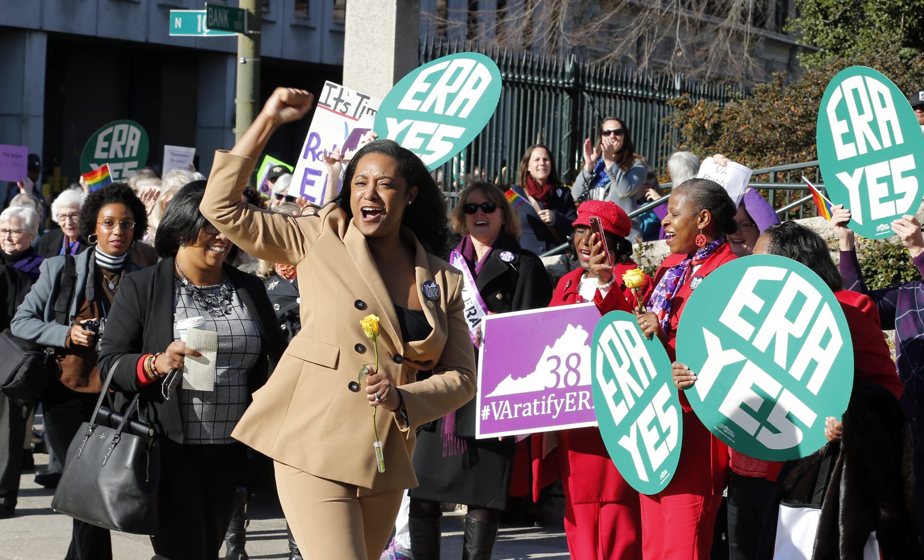 Delegate Jennifer Carroll Foy, D-Price William, cheers on Equal Rights Amendment demonstrators outside the Capitol in Richmond, VA.