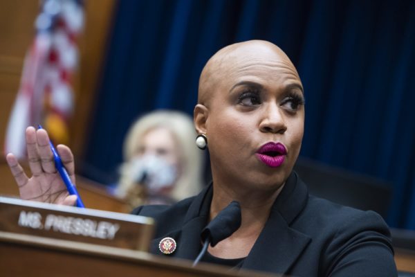 Representative Ayanna Pressley (D-MA) asking questions at a House Oversight and Reform Committee hearing.