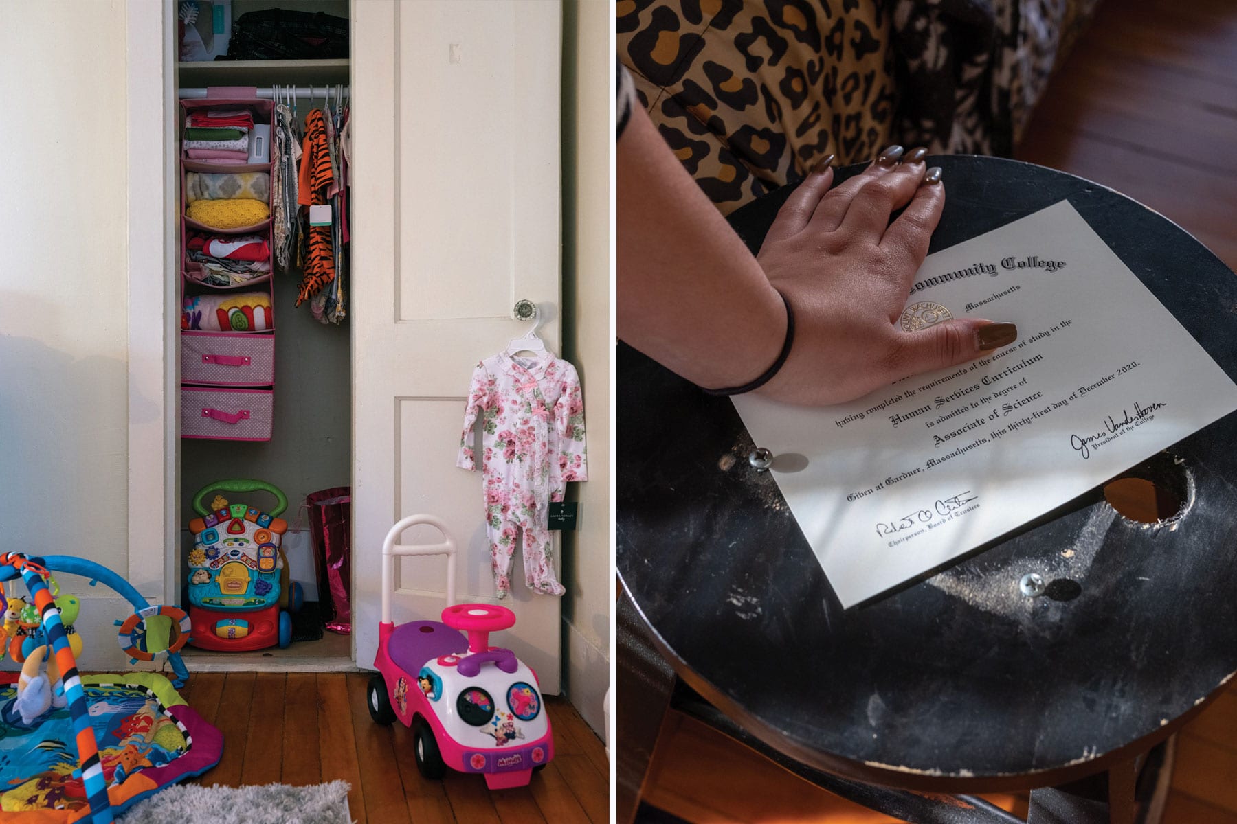 A diptych of a child's room and a diploma.