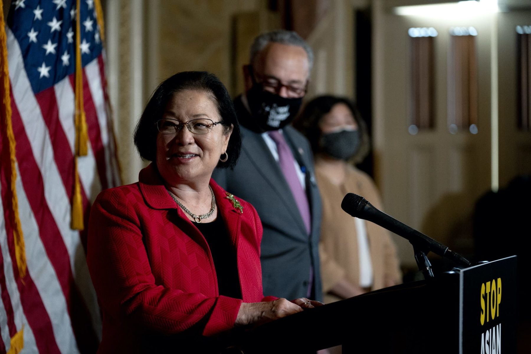 U.S. Sen. Mazie Hirono (D-HI) speaks during a press conference on the COVID-19 Hate Crimes Act at the U.S. Capitol on April 13, 2021 in Washington, DC. The legislation aims to address the rise of hate crimes and violence targeted at the Asian American and Pacific Islander community related to the COVID-19 pandemic.