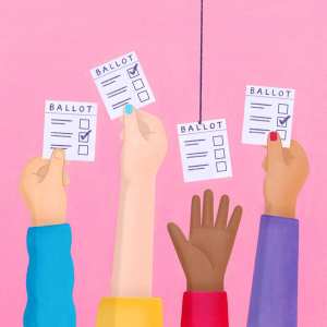 A series of hands reaching for ballots.