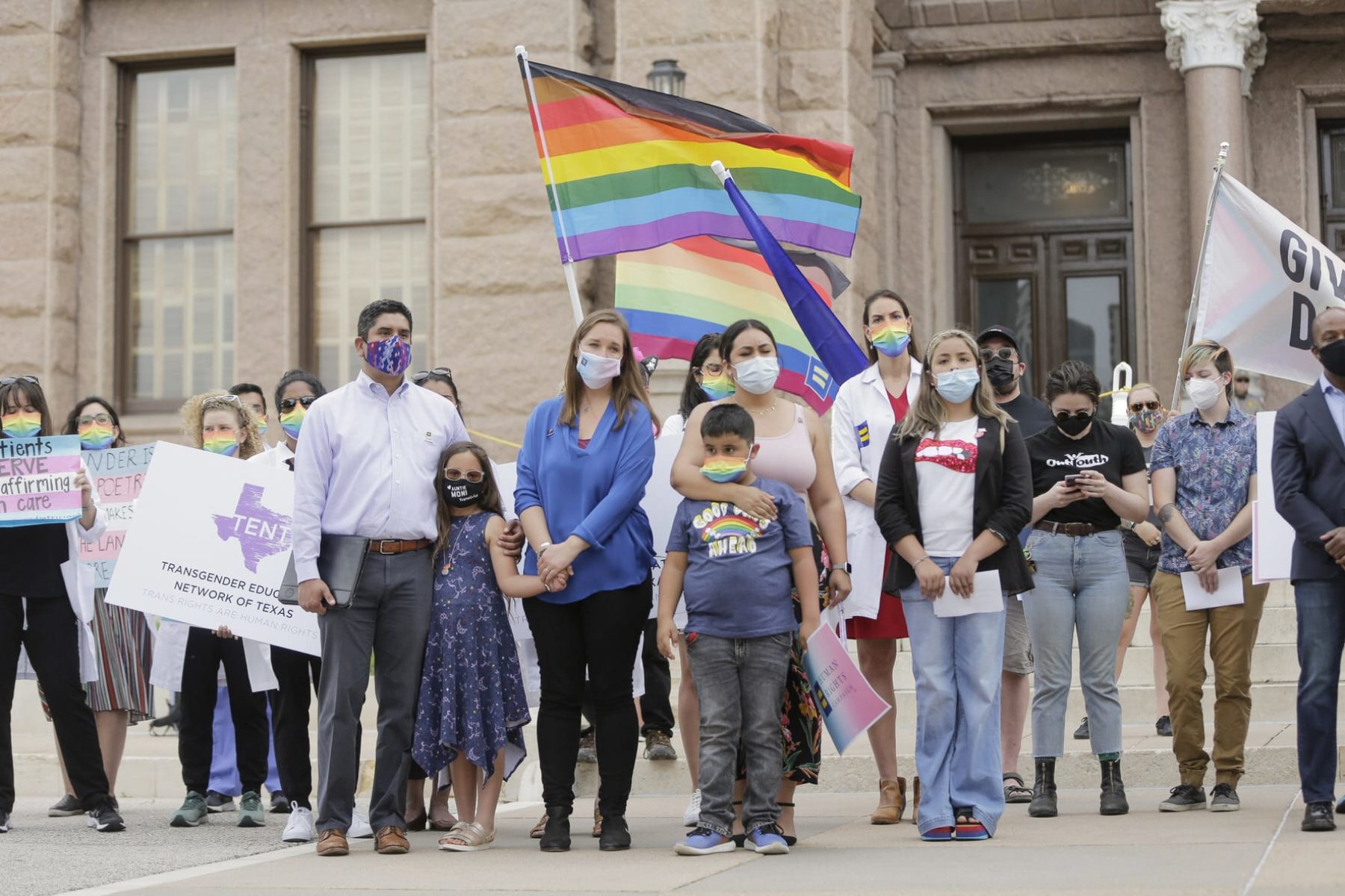 LGBTQ advocates demonstrate in front of the Texas State Capitol.