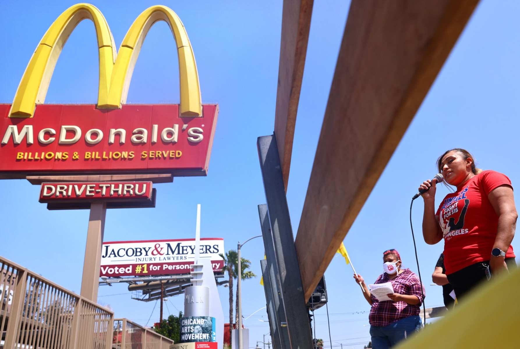 Workers strike outside of a McDonalds in LA.
