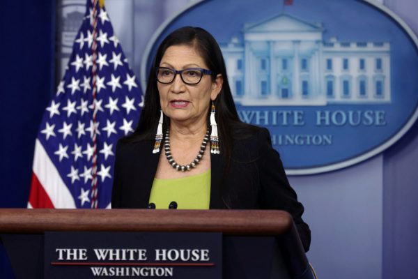 U.S. Secretary of the Interior Deb Haaland speaks during a daily press briefing.