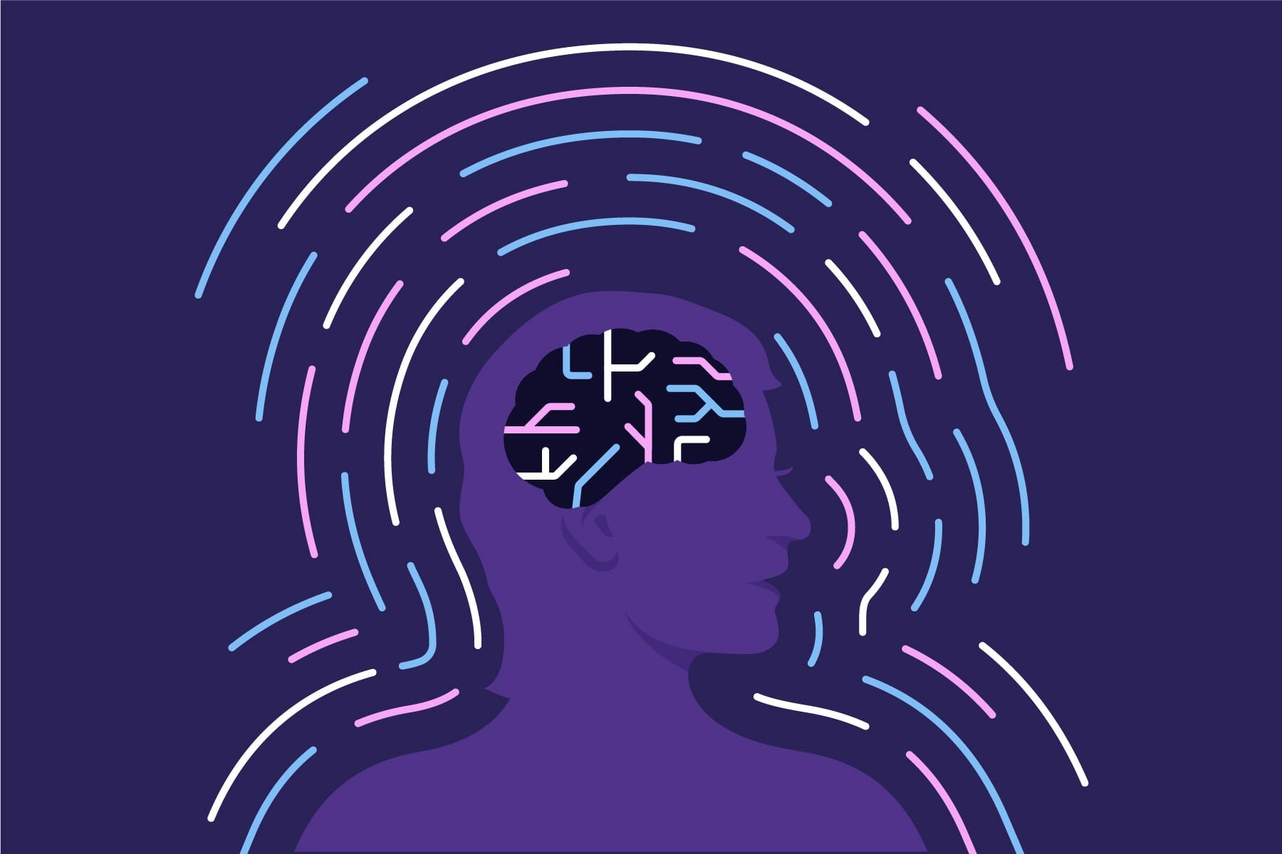 A photo illustration of a person's profile with electric-like currents coming from the brain.