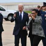 US President Joe Biden and Secretary of Housing and Urban Development Marcia Fudge step off Air Force One upon arrival at Tulsa International Airport in Tulsa, Oklahoma on June 1, 2021.
