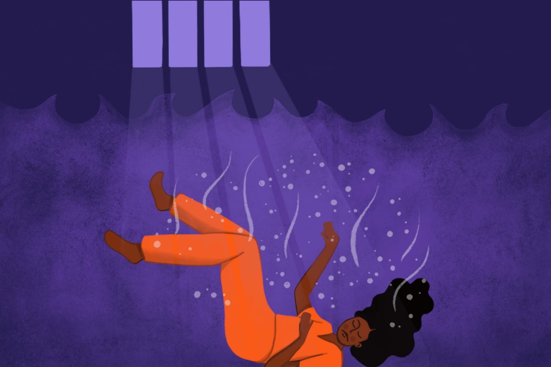 An image of a imprisoned woman sinking in water in her jail cell.