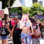 #FreeBritney protesters demonstrate in Los Angeles with a cardboard cutout of Britney Spears.